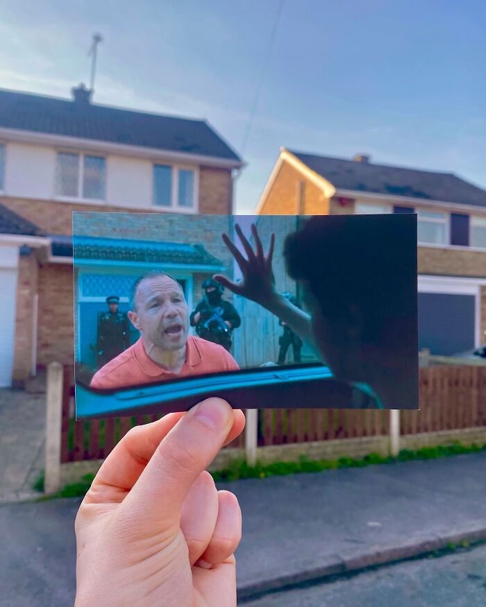 Photograph showing real-life filming locations of movie and TV show scenes compared with scene stills held up outdoors.