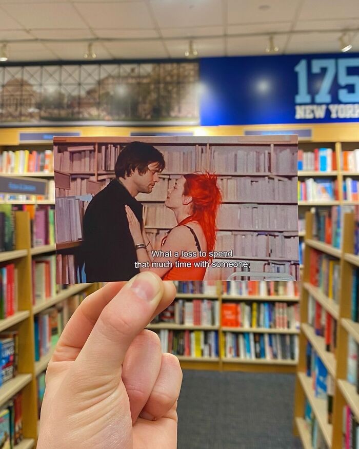 Photographer comparing real-life filming locations of movie and TV show scenes with original scenes in a bookstore setting.