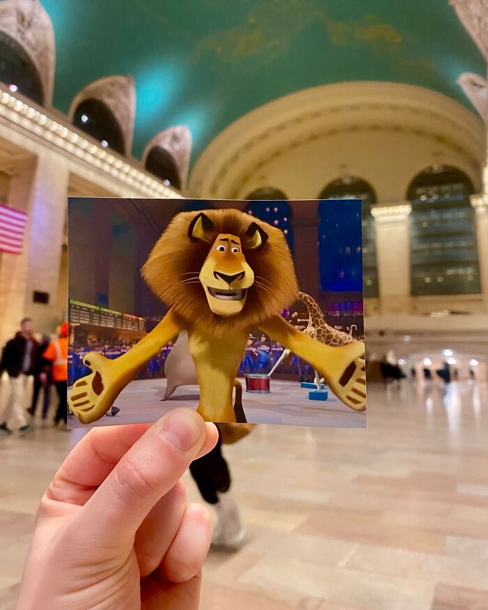 Photo of a real-life filming location compared with an animated movie scene of a lion inside a large terminal.