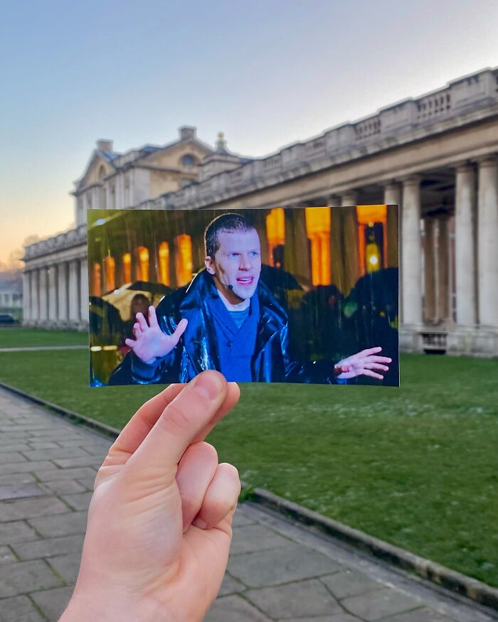 Hand holding a movie scene photo in front of the real-life filming location of movie and TV show scenes.