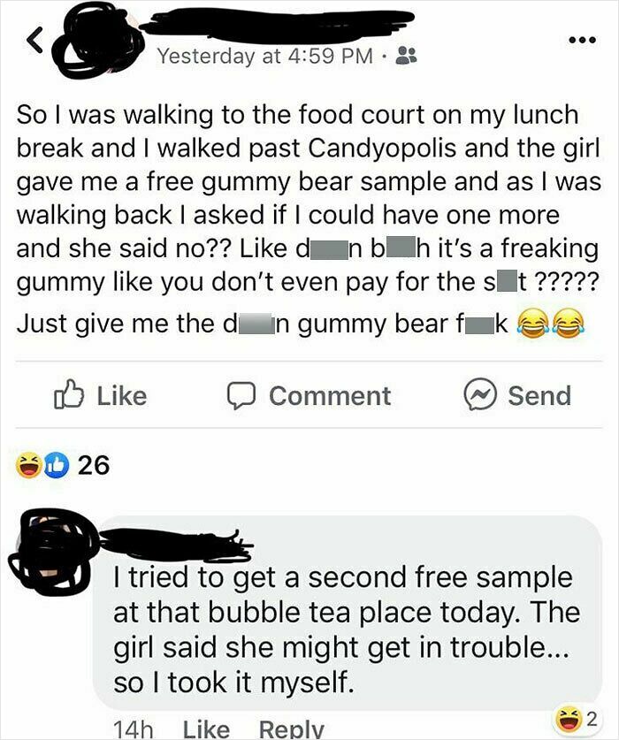 Screenshot of social media posts showing entitled behavior over free gummy bear and bubble tea samples.