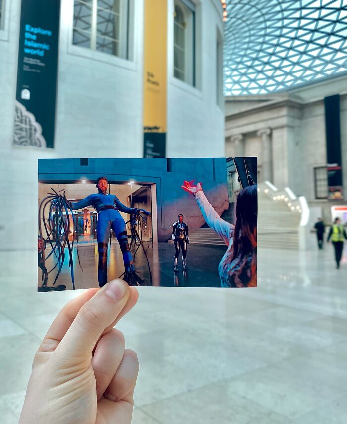 Photo of real-life filming locations compared by photographer, showing a movie scene held up inside the actual filming site.