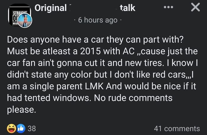 Social media post showing an entitled person demanding a specific car, illustrating extreme entitlement behavior.
