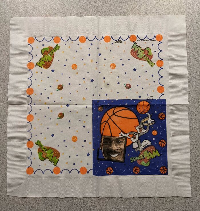 Vintage Space Jam napkin featuring Bugs Bunny and a basketball player, showcasing how things used to look in nostalgic memorabilia.