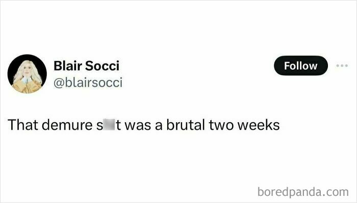 Tweet by Blair Socci humorously reflecting on a brutal two weeks, part of hilariously random posts to brighten your day.