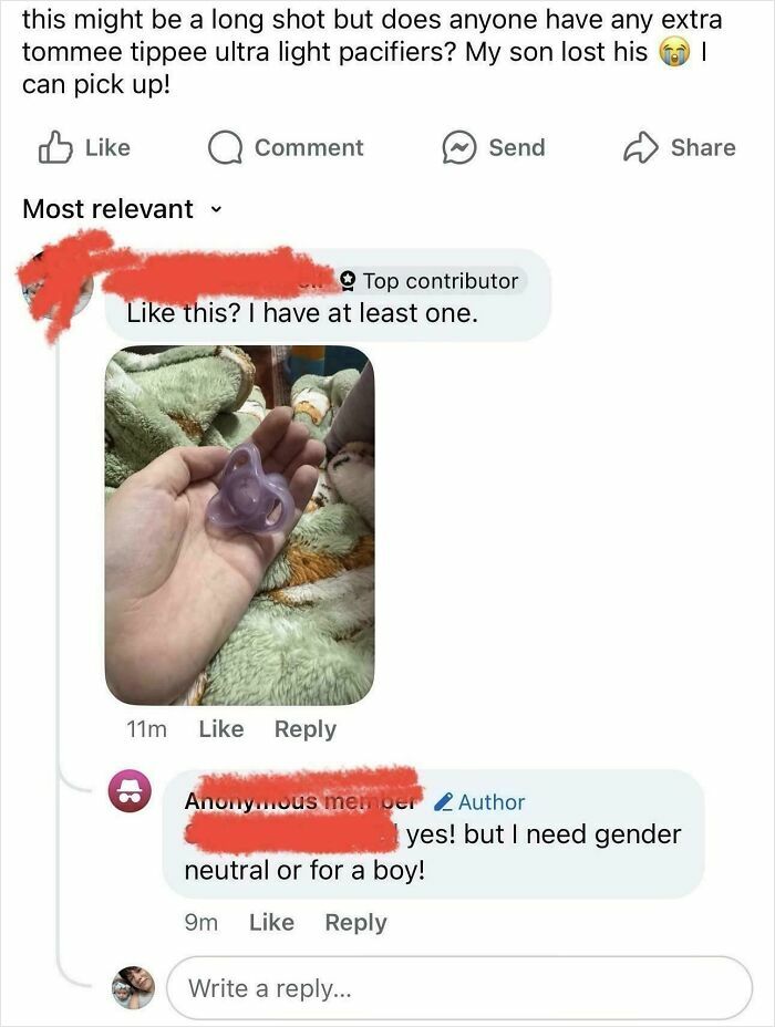 Comment thread showing a person asking for a specific pacifier and another offering one, highlighting entitled behavior posts.