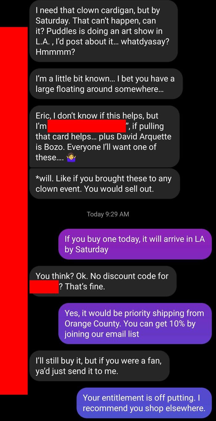 Text message exchange showing entitled behavior with demands and refusal to accept no discount, illustrating entitlement examples.