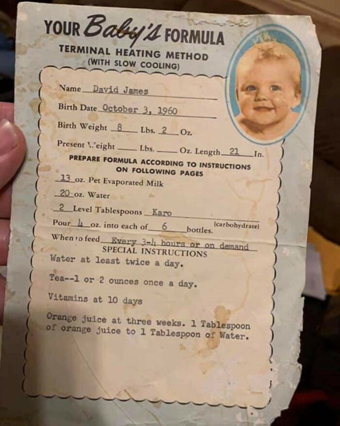 Old baby formula instructions from 1960 showing detailed preparation steps and feeding schedule with vintage design and baby photo.