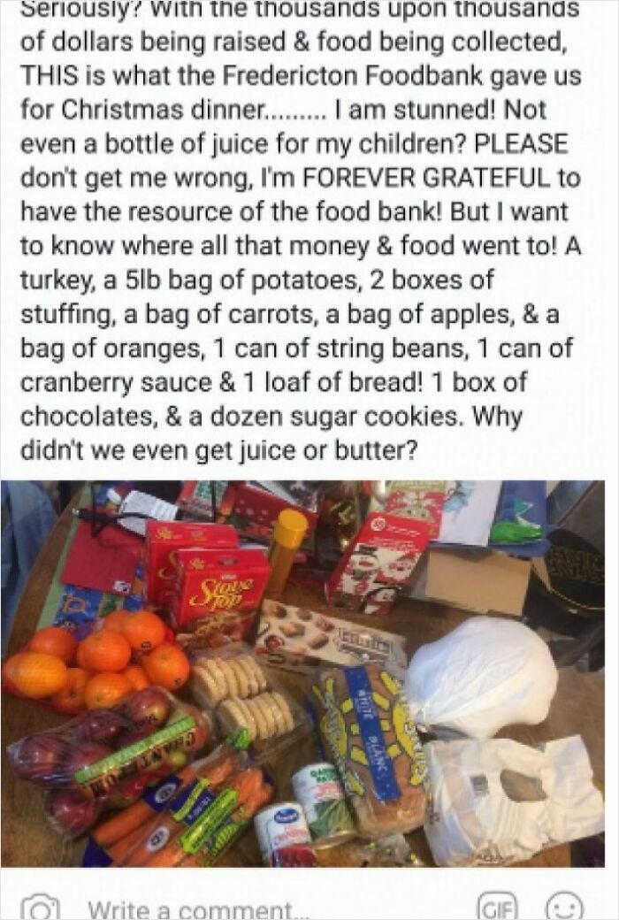 Photo showing a food bank donation of fruits, bread, and snacks with a text complaint about entitled people and food quality.