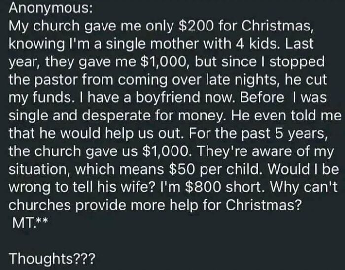 Text post about entitlement involving a single mother, church funds, and controversial financial support during Christmas.