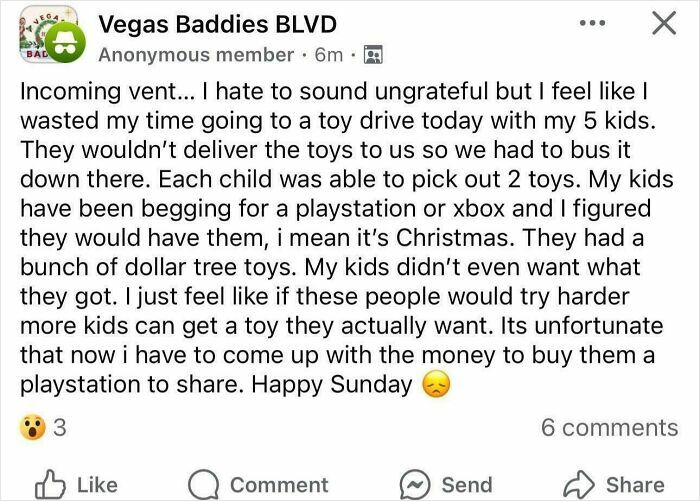 Social media post venting about entitled people and disappointing toy drive experience with kids and holiday toys.