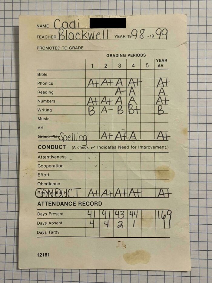 Vintage school report card from 1998-99 showing grades and attendance, illustrating how things used to look.