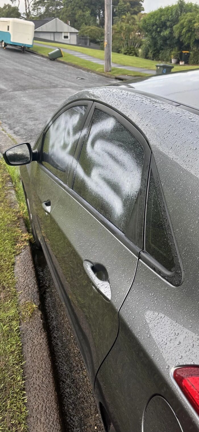 Auto gris cubierto de lluvia con ventana pintada y basura caída en calle residencial, mostrando cosas que salieron mal.