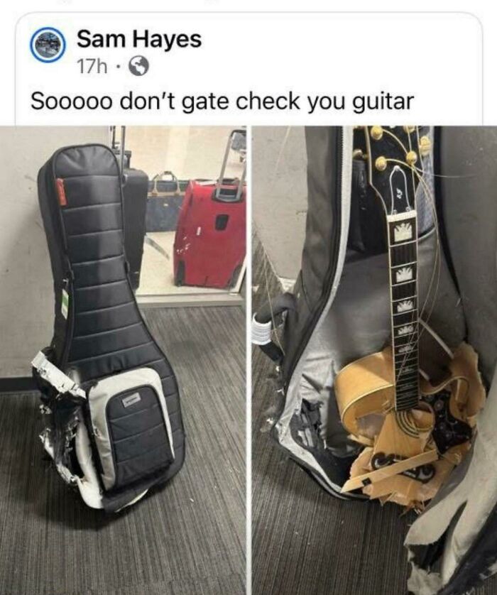 Damaged guitar in torn case after being gate checked, illustrating unexpected fails and unfortunate accidents.