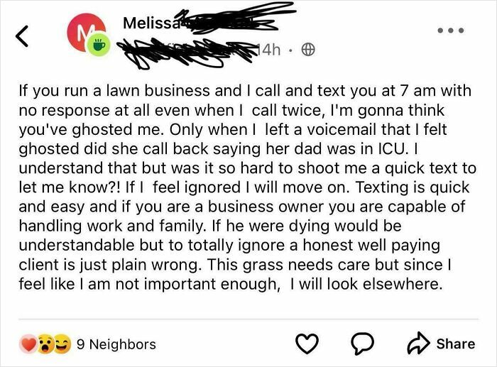 Screenshot of a social media post showing a complaint about entitled customer behavior and poor communication from a business.