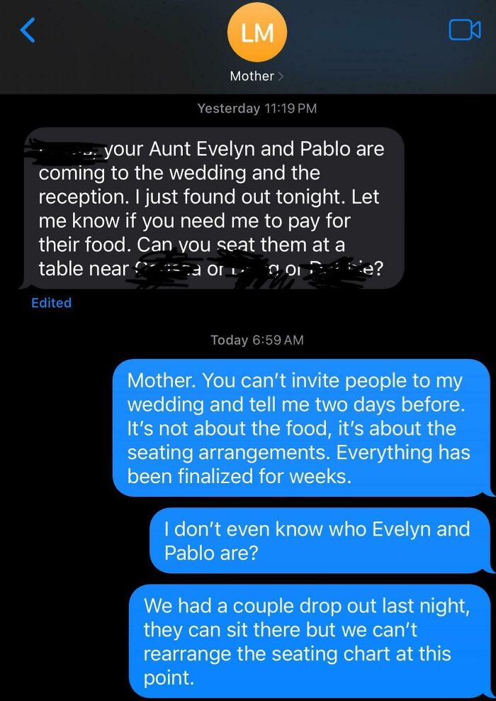 Text message exchange about entitled people causing wedding seating issues shortly before the event, showing entitlement conflict.