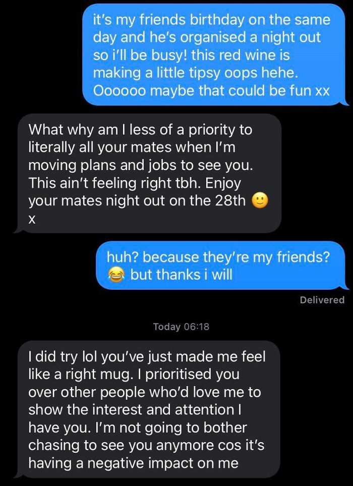 Text message exchange showing entitled behavior in relationships, highlighting people so entitled they might make your blood boil.