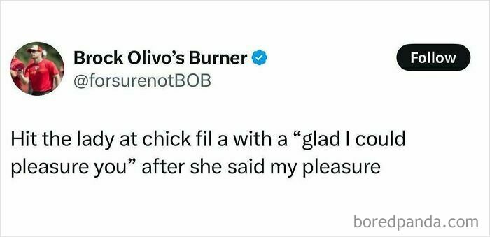 Tweet text humorously recounting a funny interaction at Chick-fil-A, featured in random posts to brighten your day.