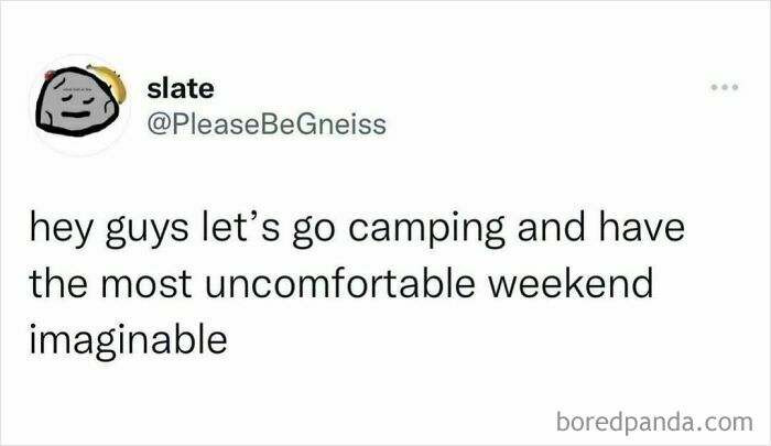 Social media post humor about camping and having a hilariously random weekend to brighten your day.