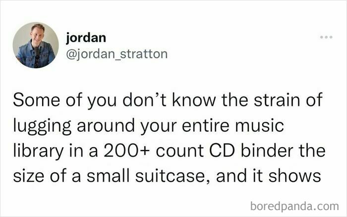 Tweet about the relatable struggle of carrying a 200+ count CD binder, a hilariously random post to brighten your day.