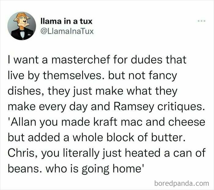 Funny social media post humorously imagining a Masterchef competition for men cooking simple everyday meals.
