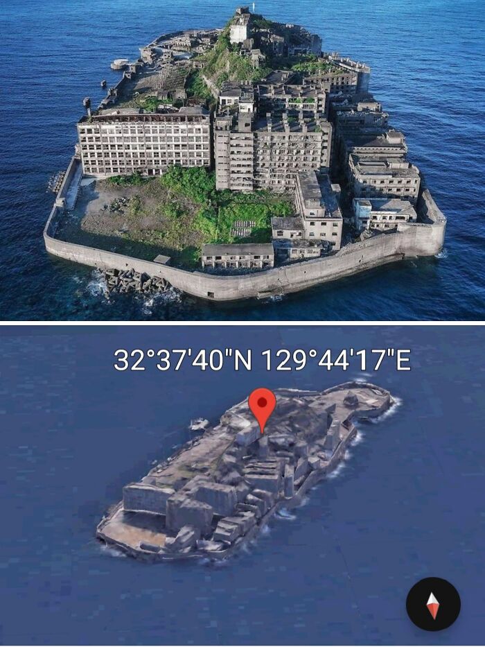 Abandoned island with old concrete buildings surrounded by ocean, an odd discovery on Google Earth at specified coordinates.