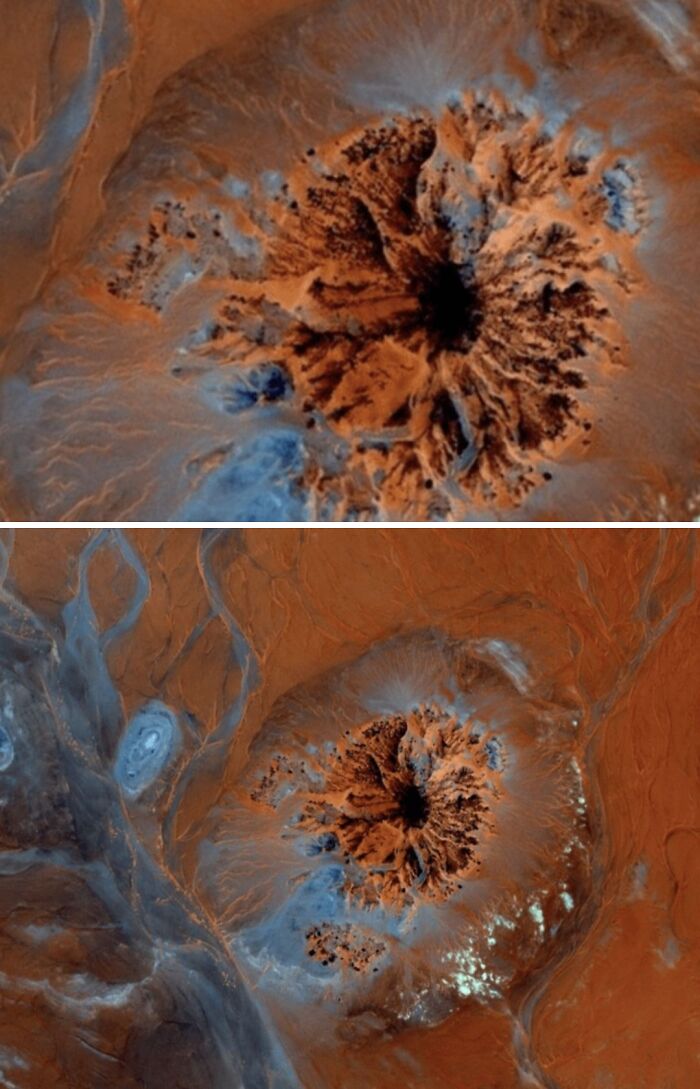 Aerial view of a volcanic crater with striking brown and blue colors found as an odd thing on Google Earth.