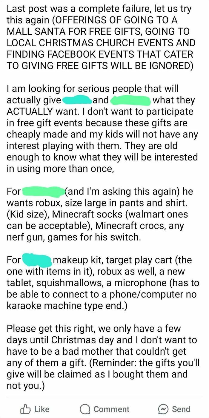 Text of entitled parents demanding specific gifts for their kids, showcasing entitled parents exposed online.