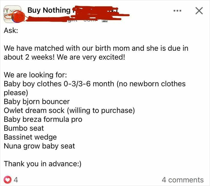 Screenshot of an entitled parent's online request for multiple baby items, highlighting entitled behavior exposure.