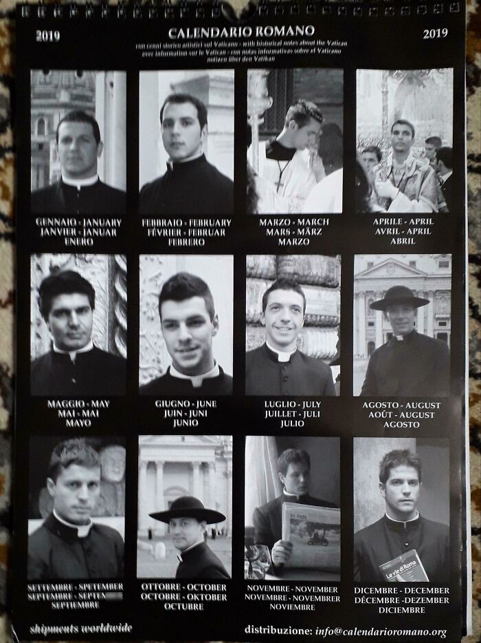 Black and white portraits of men in clerical clothing displayed in a grid, an unusual find in old houses.