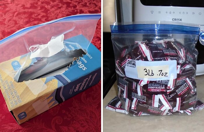 Reusable quart-size plastic bags on a box and a large zip-top bag filled with candy for Amazon Memorial Day bargains.