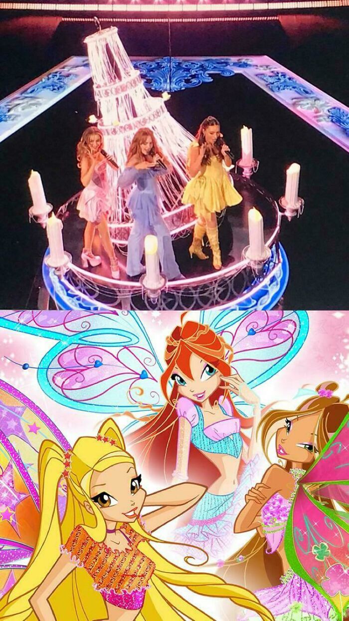 Three female Eurovision performers on a bright stage and animated fairies in a colorful fantasy scene, Eurovision memes.