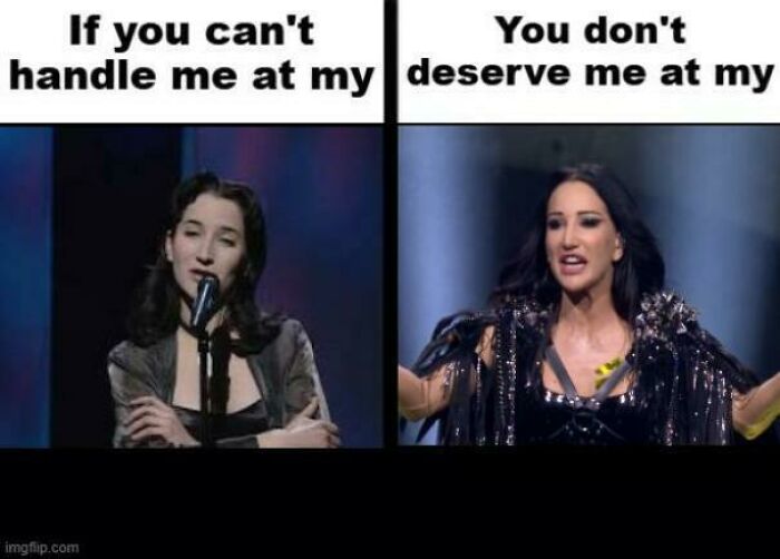 Two contrasting images of a woman at Eurovision, illustrating humorous moments from the 2025 Eurovision Song Contest memes.