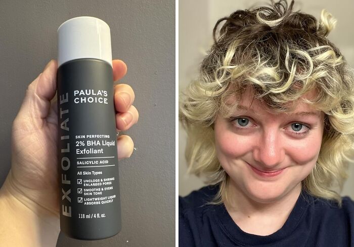 Hand holding Paula's Choice exfoliant bottle beside a smiling person with curly blonde hair showing Amazon Memorial Day bargains.