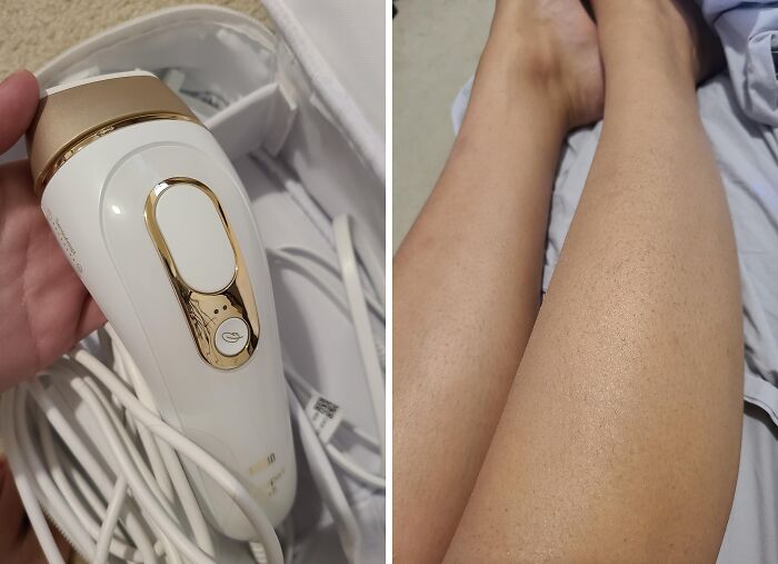 IPL hair removal device held in hand next to smooth legs, highlighting Amazon Memorial Day bargains on beauty products.