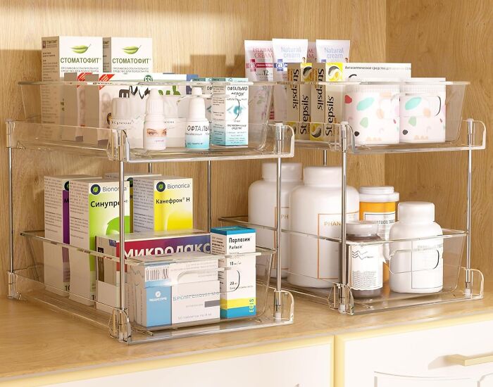 Clear plastic storage organizers holding various health and beauty products, ideal Amazon Memorial Day bargains for home.