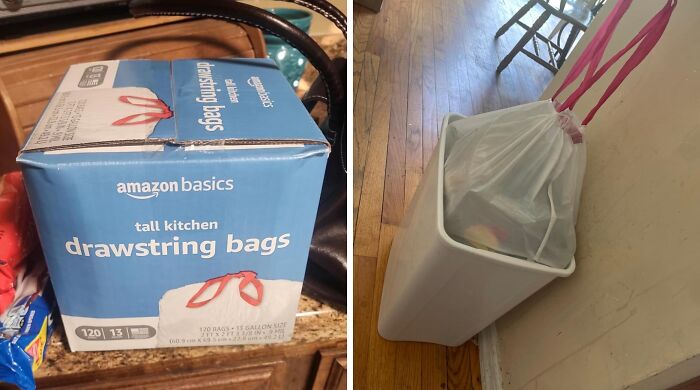 Box of Amazon Basics drawstring bags next to a white trash bin with a tied bag inside on a wooden floor.