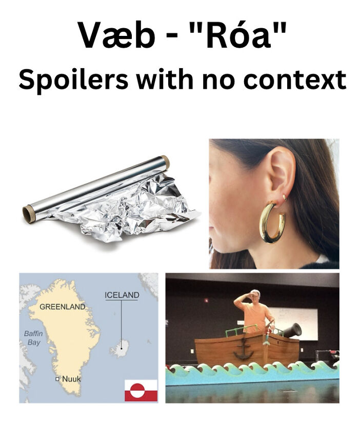Collage of Eurovision 2025 memes including foil, hoop earrings, Greenland map, and a man on a boat stage prop.