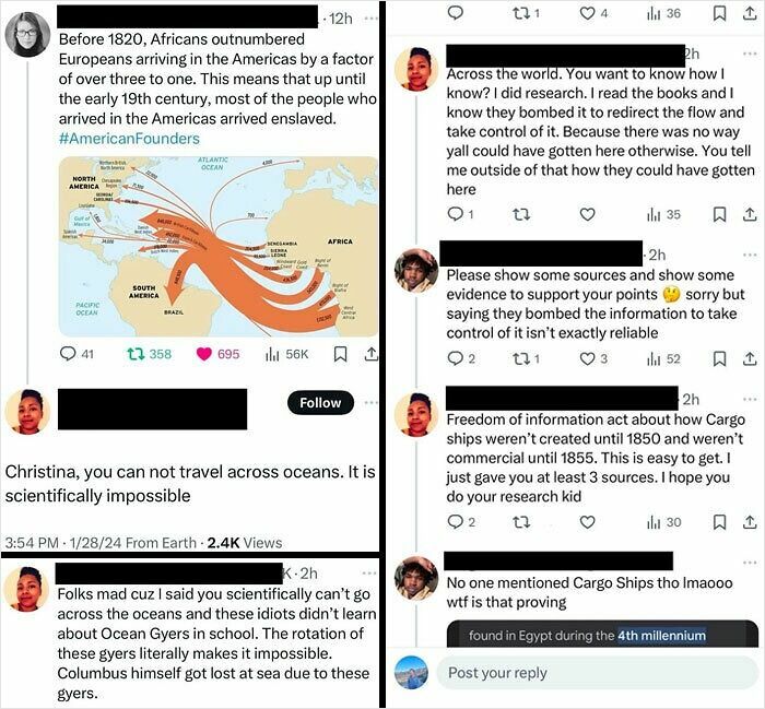 Social media debate showing scientific misinformation with users arguing about ocean travel and historical facts.