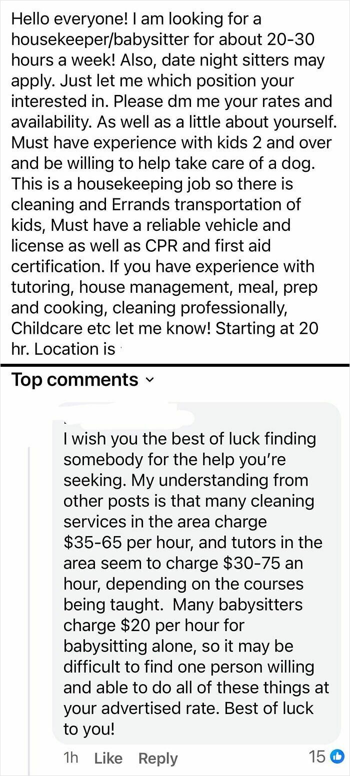 Entitled parents exposed online seeking housekeeper/babysitter with multiple skills for low pay rate request.