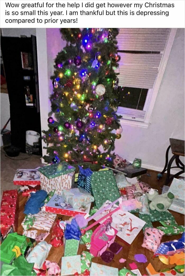 Christmas tree surrounded by many presents, illustrating entitled parents exposed online in a holiday setting.