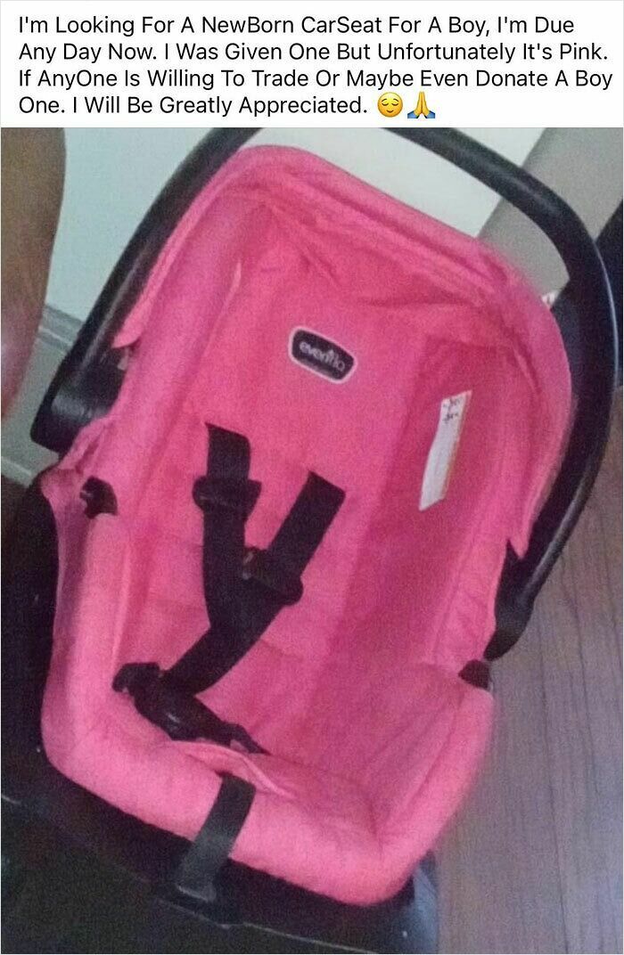Pink newborn car seat requested by entitled parent exposed in online post asking for a boy's car seat trade or donation