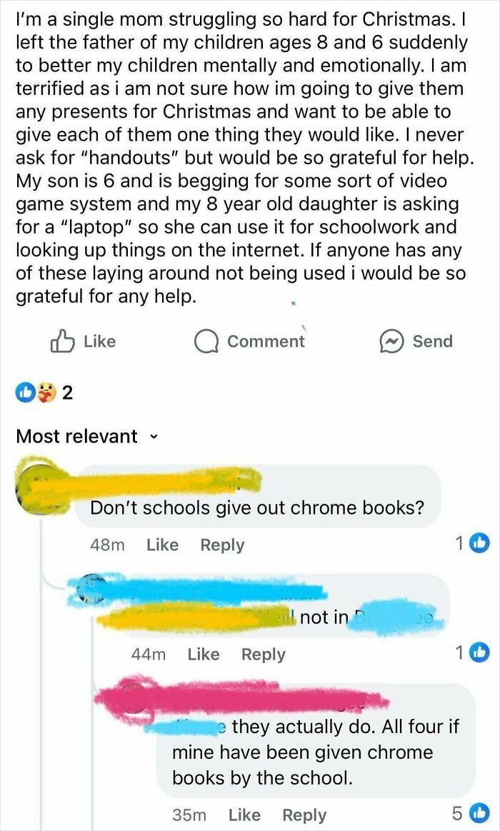 Single mom struggles to provide Christmas gifts, asking for help online, exposing entitled parent reactions in comments.