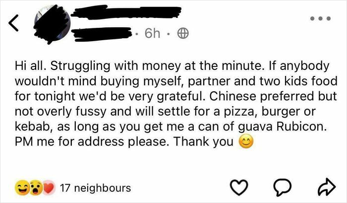 Screenshot of a parent’s online message asking for food, illustrating entitled behavior exposed by others online.