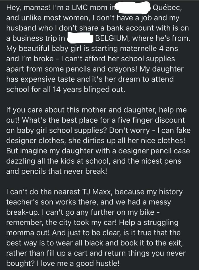 Alt text: A parent's entitled online rant asking for school supply discounts while claiming financial struggles and personal excuses.