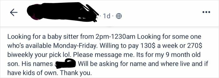 Screenshot of a parent online post entitled to a babysitter with detailed availability and payment terms for a 9-month-old.