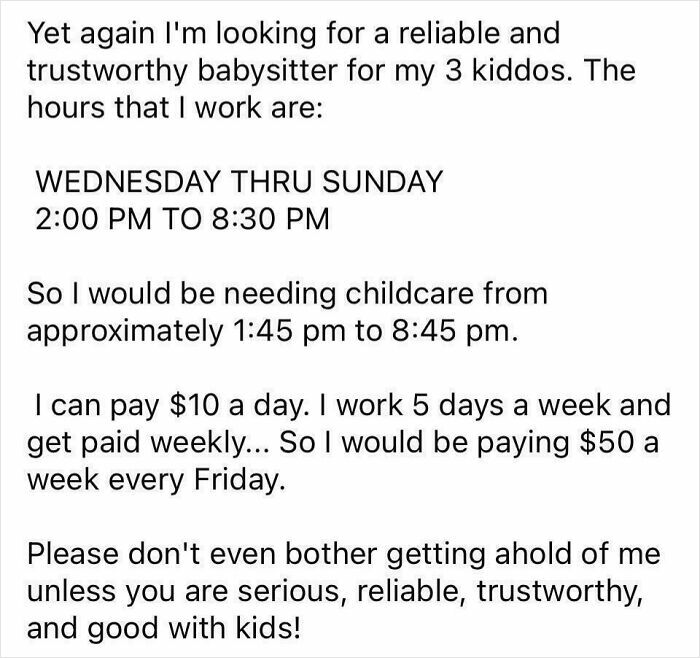 Parent seeking reliable babysitter offering low pay, showing entitled behavior exposed online in childcare request.