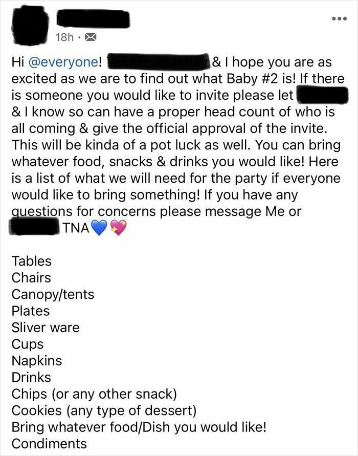 A social media post where a parent asks invitees to bring tables, chairs, food, and drinks for a party, showing entitled behavior.