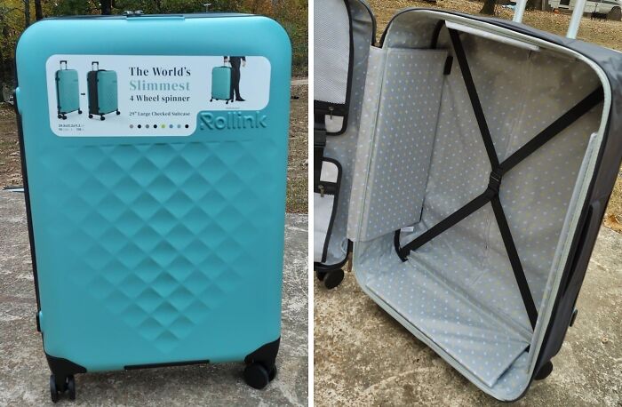 Light blue slim suitcase with 4 wheels, open view showing interior straps and lightweight design fixing travel annoyances.