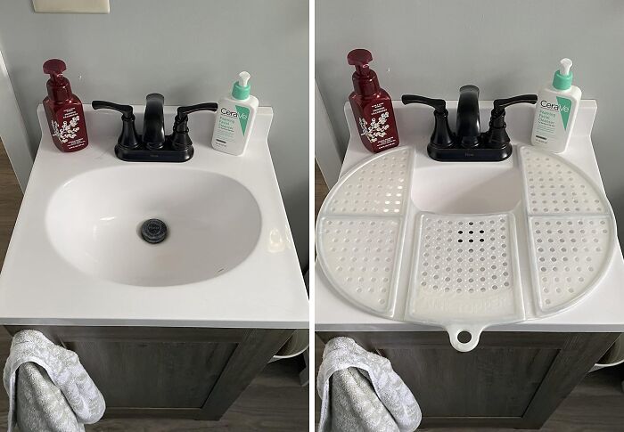 Bathroom sink with black faucet and hand soap, shown with a silicone mat to fix drainage annoyances on the countertop.